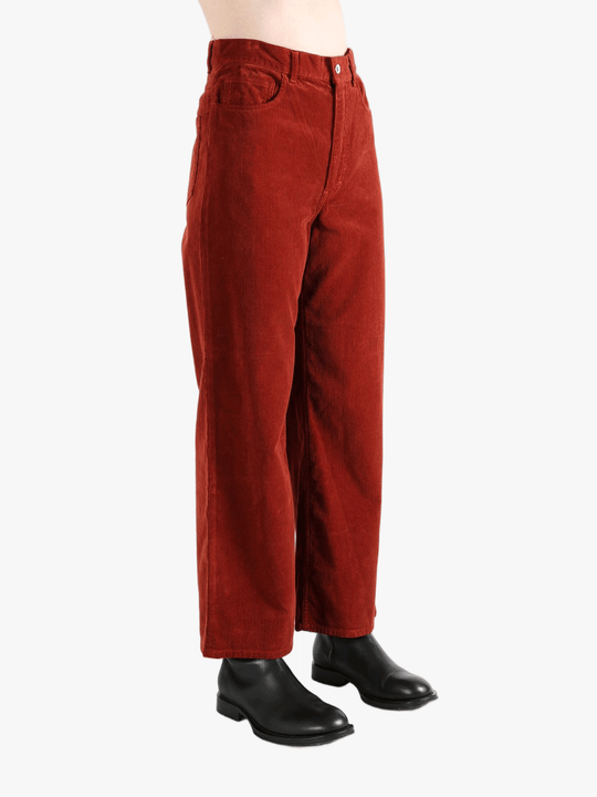 Red pants worn by a person, showing the pant's fit