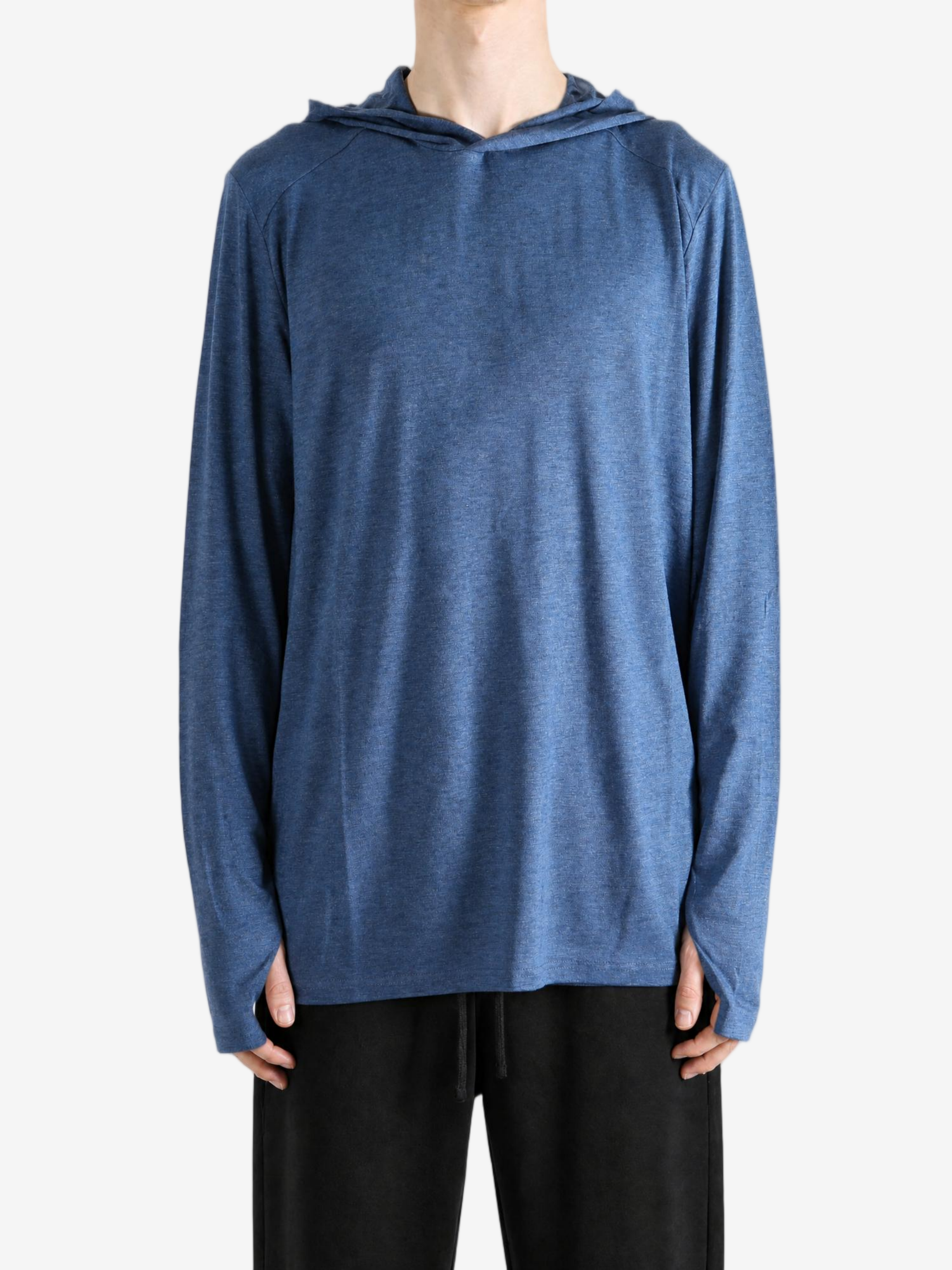 Blue hoodie, full body view