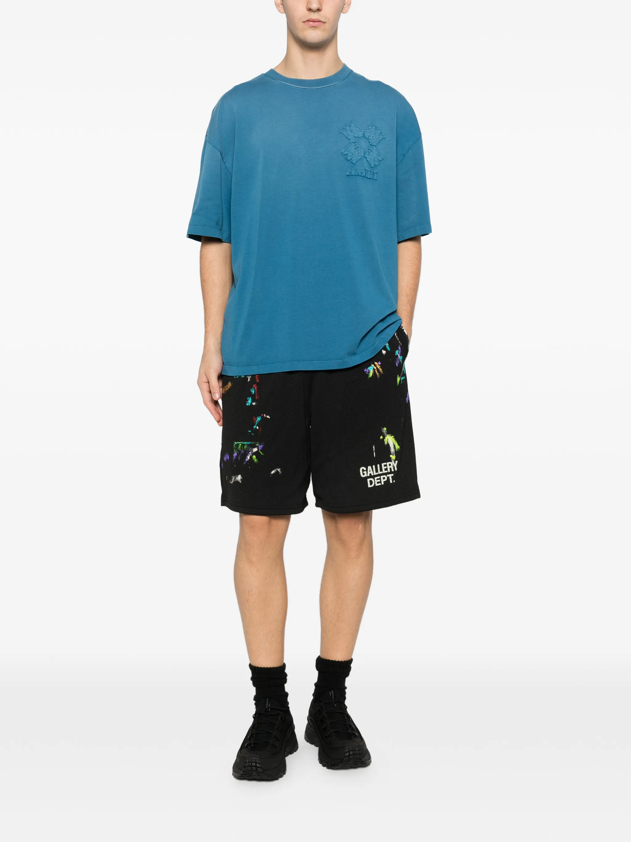 Black shorts, full body view