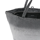 Close up of grey bag,showing texture of the cotton fabric