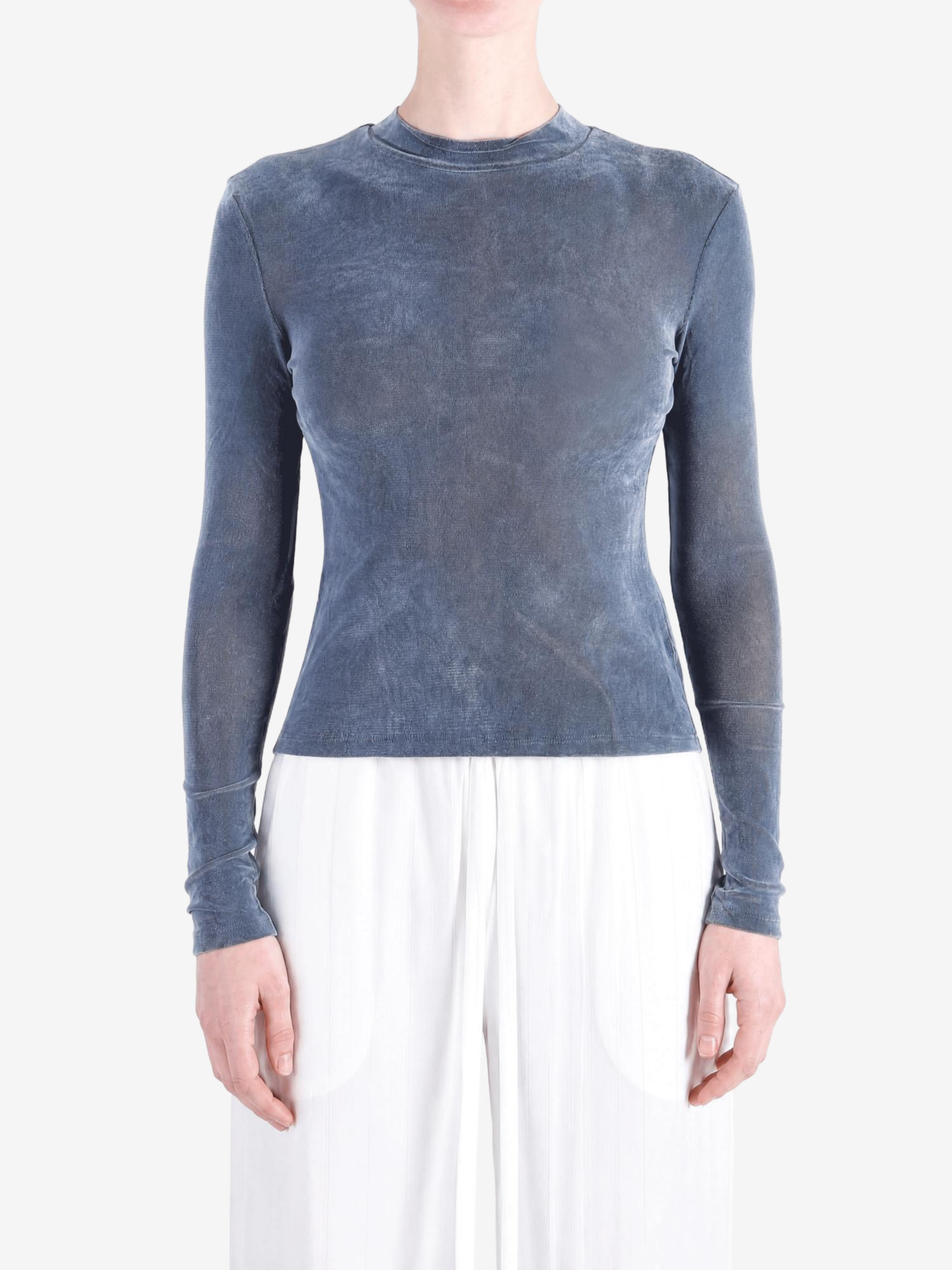 Blue top, full body view