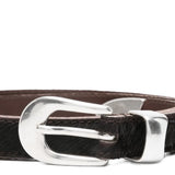 Close up of the brown belt, showing texture of the calf hair fabric