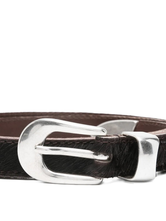 Close up of the brown belt, showing texture of the calf hair fabric
