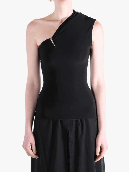 Black top worn by a person, showing the top's fit