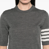 Close up of grey t-shirts, showing texture of the virgin wool and polyamide fabric