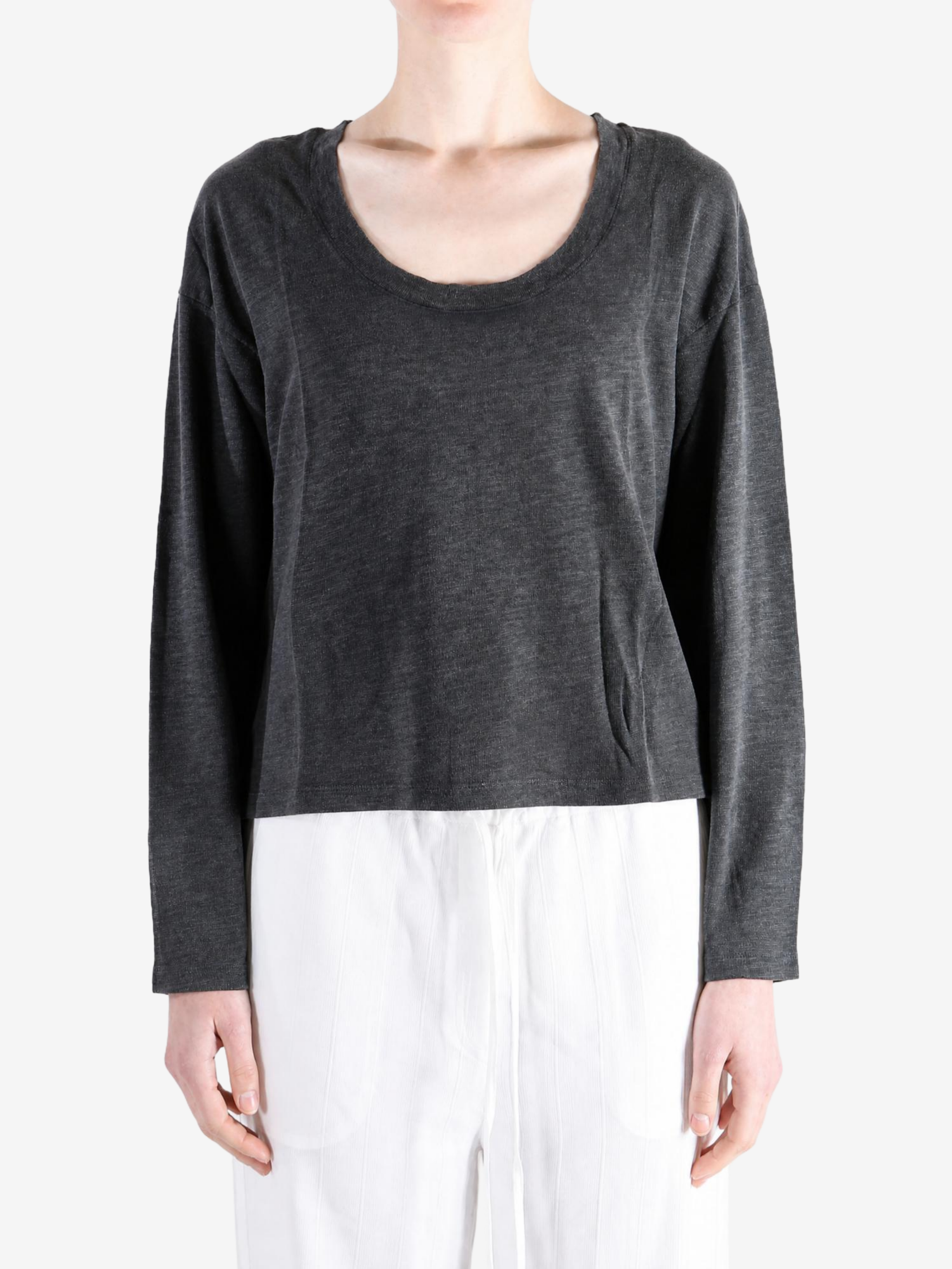 Grey t-shirt worn by a person, showing the t-shirt fit