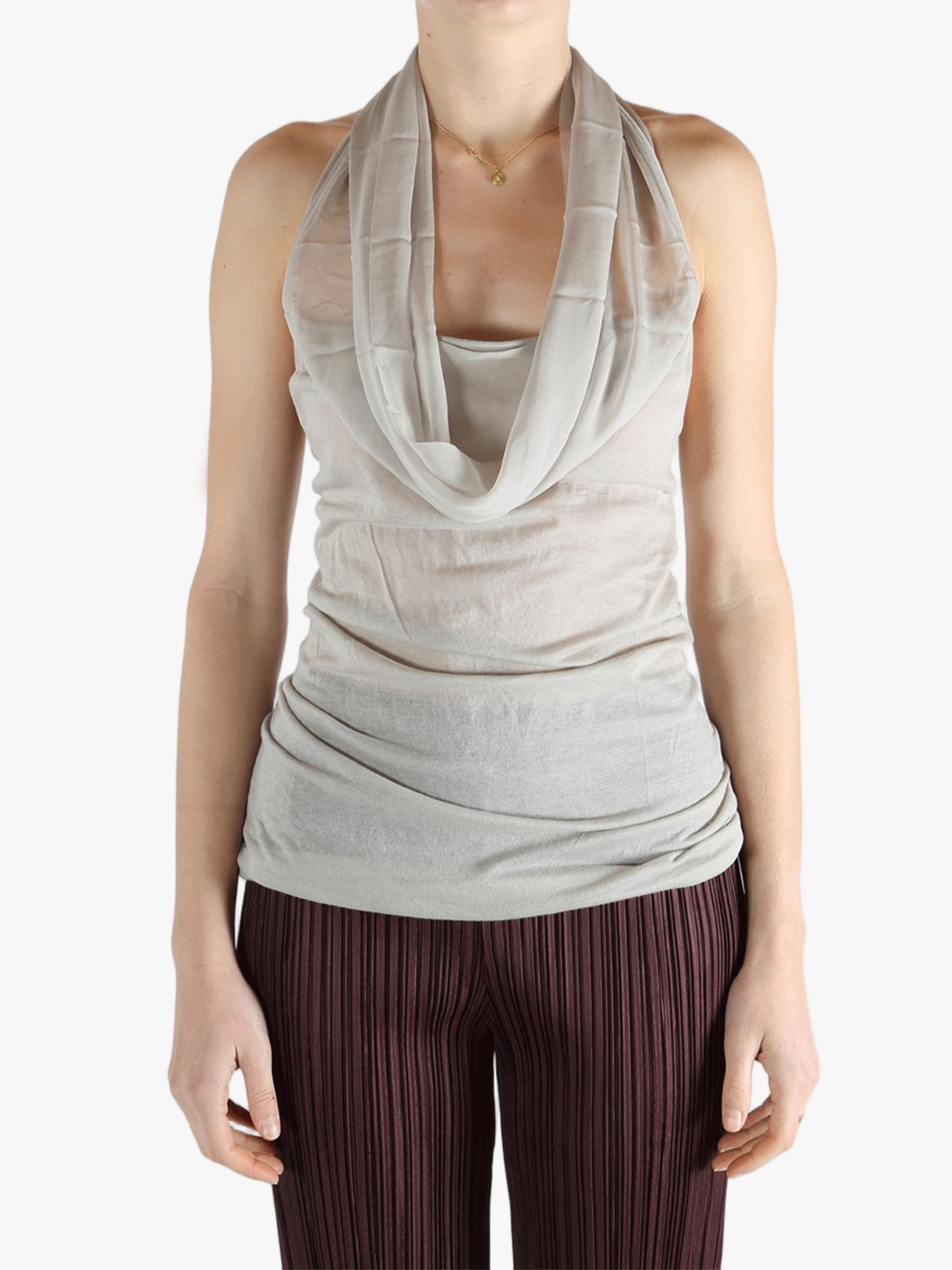 Grey top worn by a person, showing the top fit