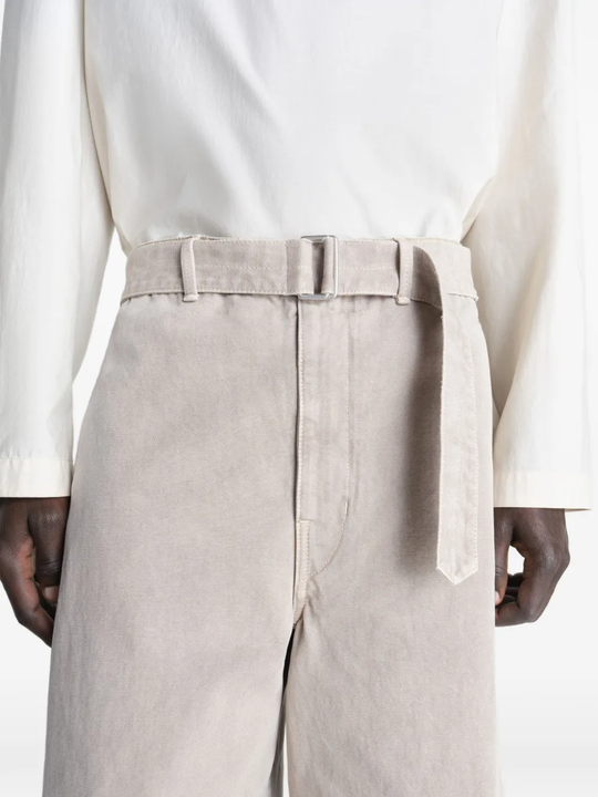 Close up of beige wide-leg pant,showing texture of the cotton fabric