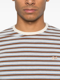 Close up of brown t-shirt, showing texture of the cotton fabric.