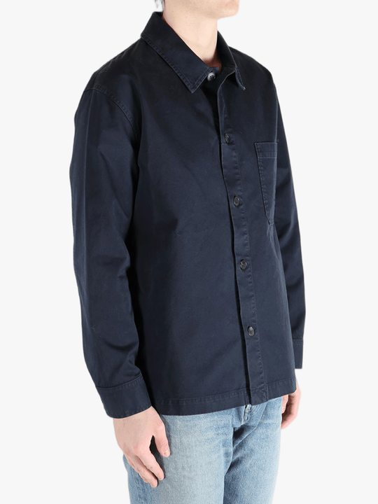 Navy shirts worn by a person, showing the shirts fit