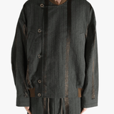 Grey jacket worn by person, showing the jacket's fit