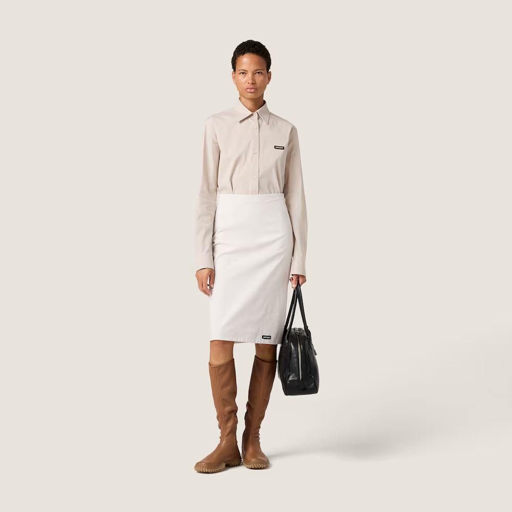 Tan skirt, full body view