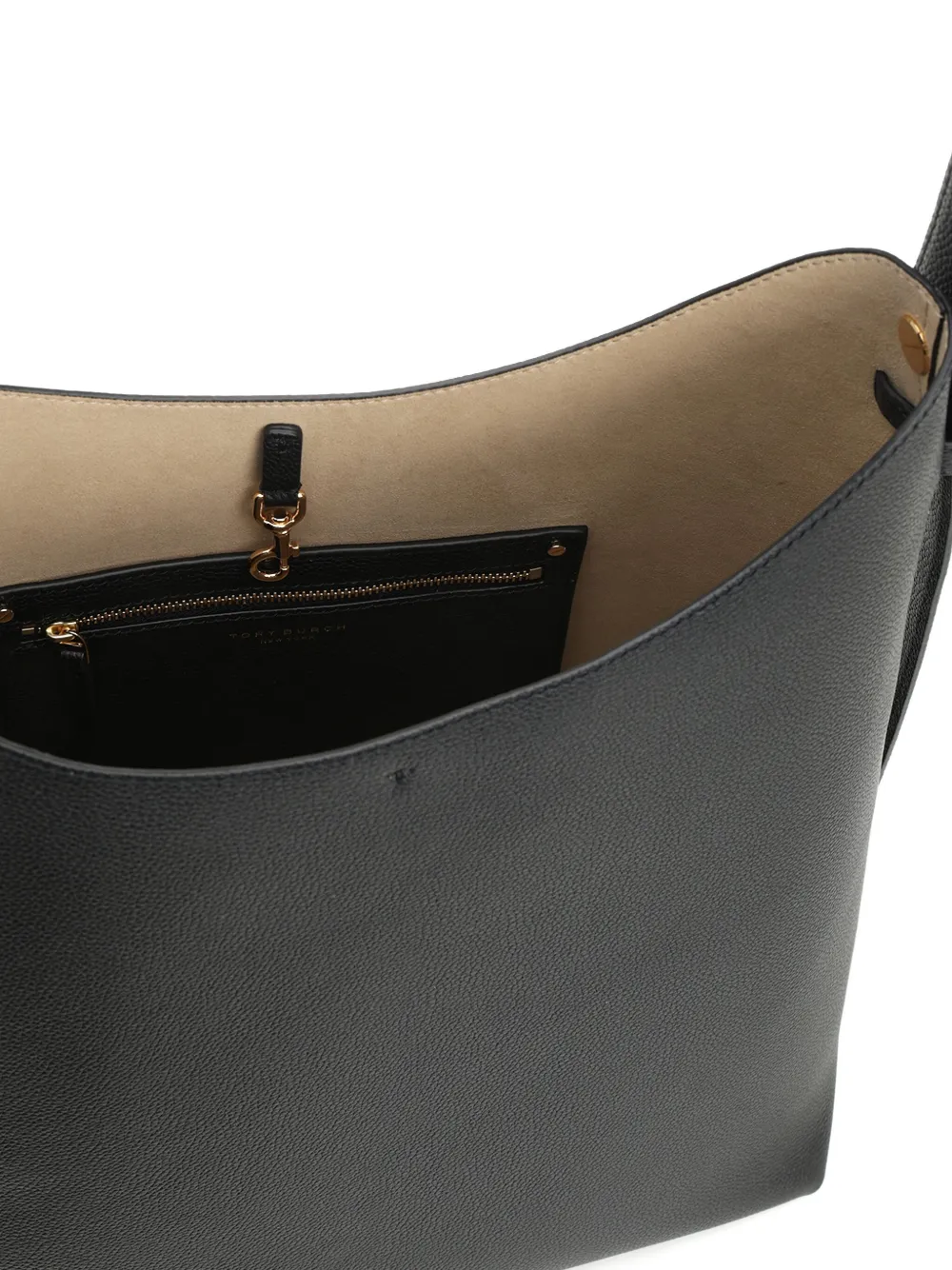 Close up of black bag, showing texture of the leather fabric