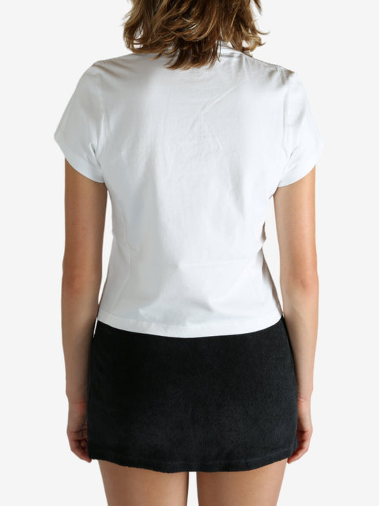 White t-shirt worn by a person, showing the shirt's fit