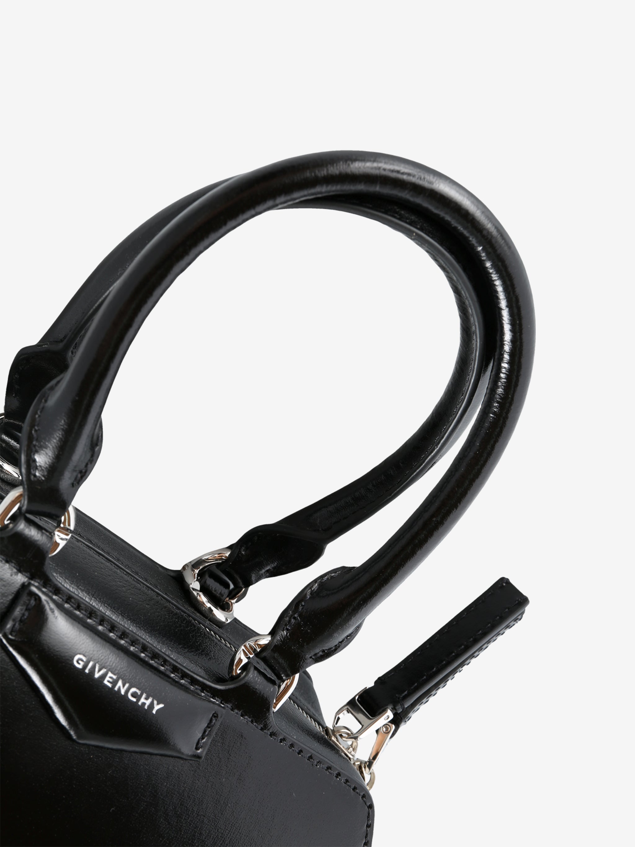 Close up of the black bag, showing texture of the calf leather fabric