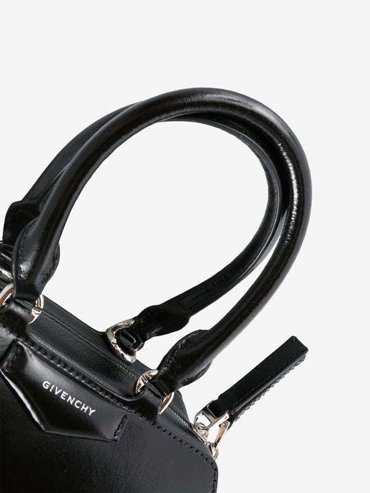 Close up of the black bag, showing texture of the calf leather fabric