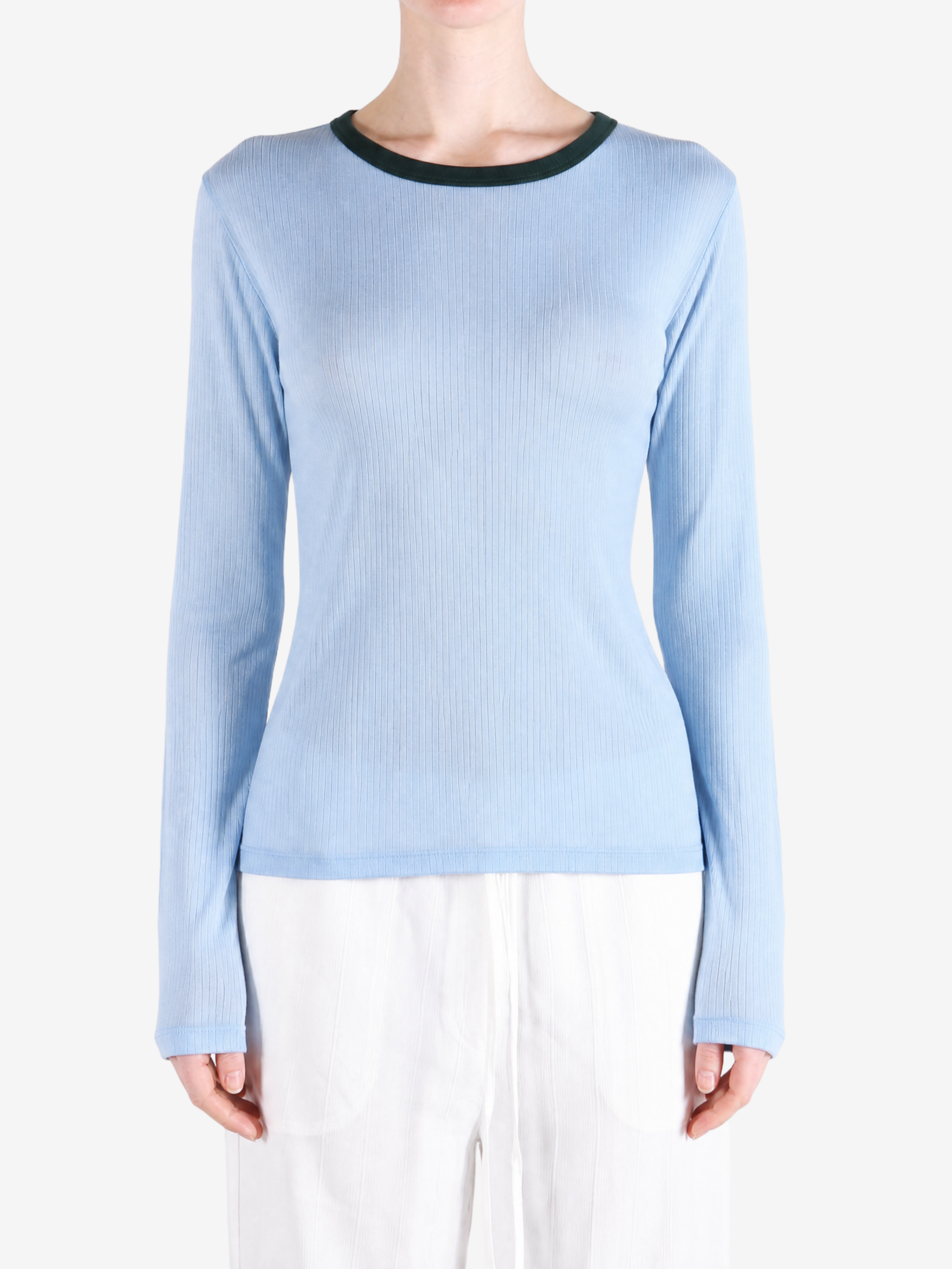 Blue t-shirt worn by a person, showing the t-shirt fit