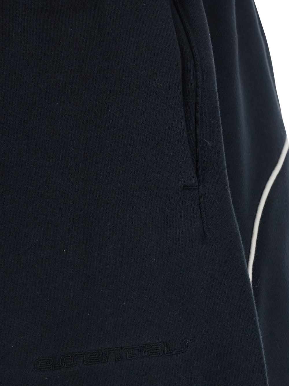 Close up of black shorts, showing texture of the cotton fabric