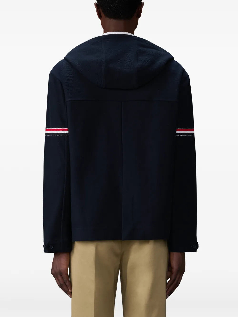 Navy jacket, full body view