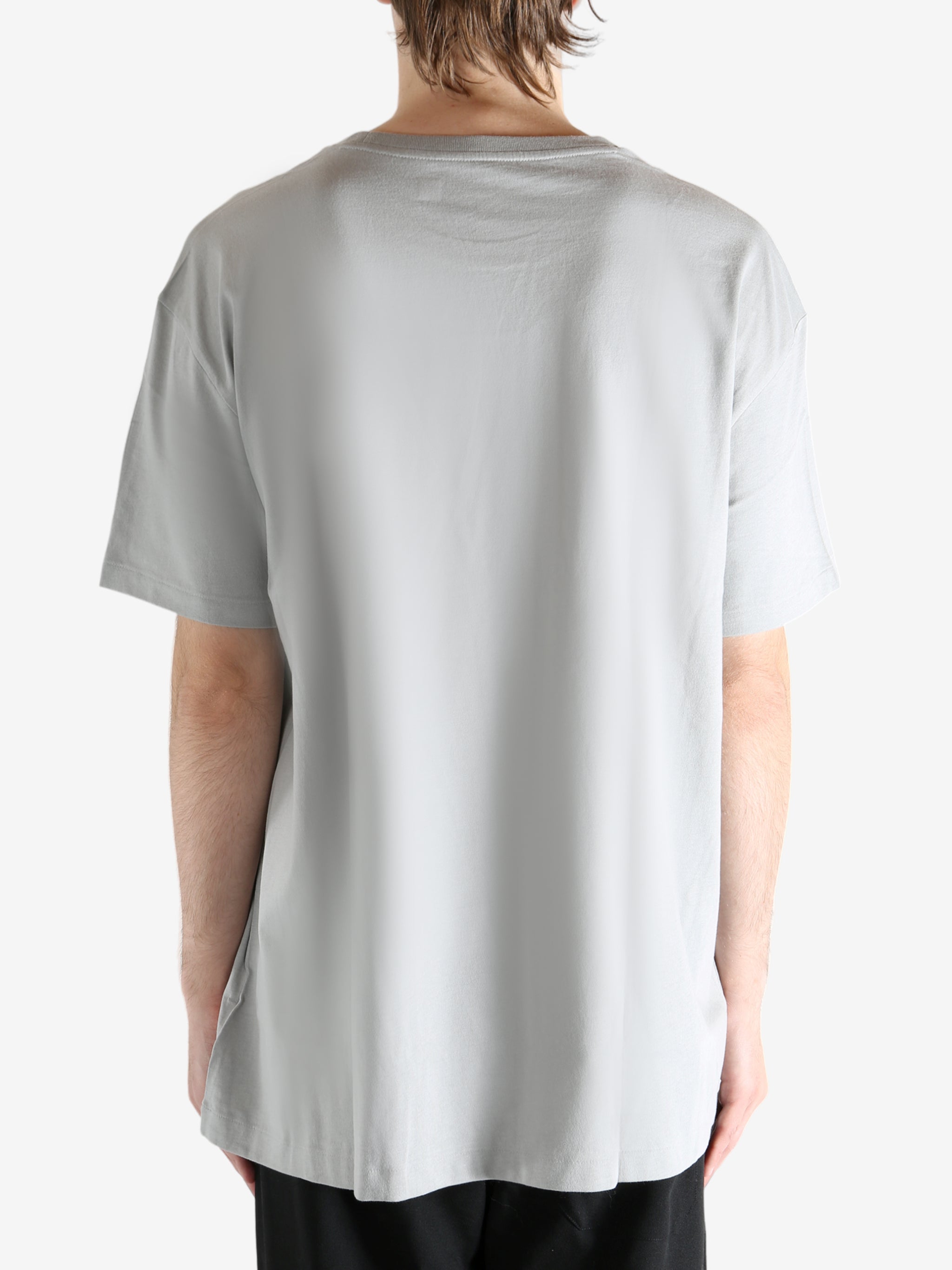 Grey t-shirts worn by a person, showing the t-shirts fit