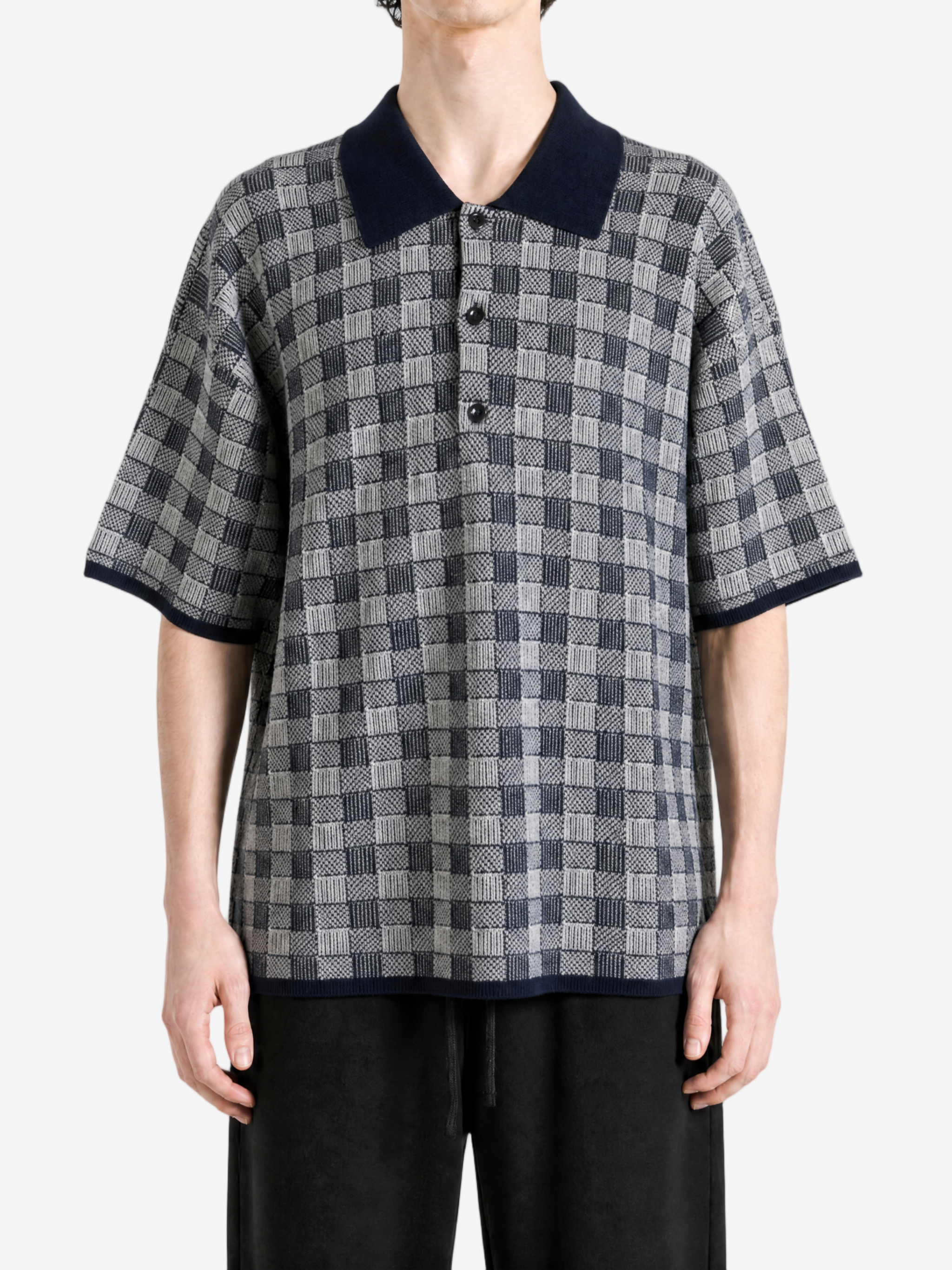 Navy shirt, full body view