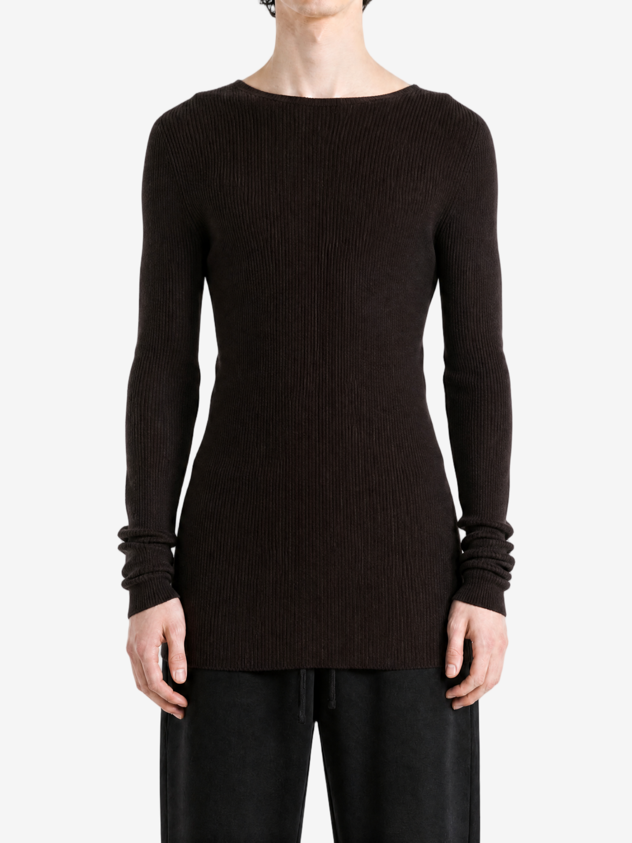 Brown knitwear, full body view
