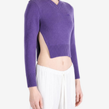 Purple top worn by a person, showing the top fit
