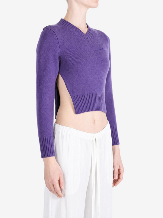 Purple top worn by a person, showing the top fit