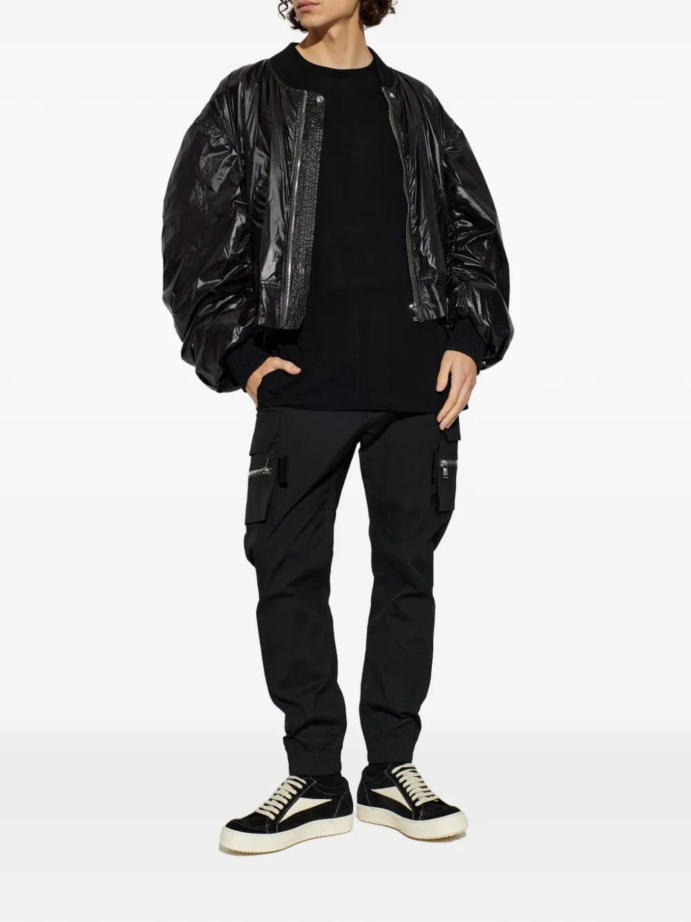 Black t-shirts, full body view