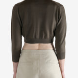 Brown cardigan worn by a person, showing the cardigan's fit