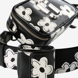 Close up of the black bag, showing texture of the leather fabric