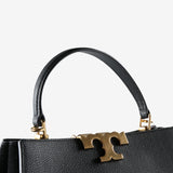 Close up of black bag, showing texture of the leather fabric