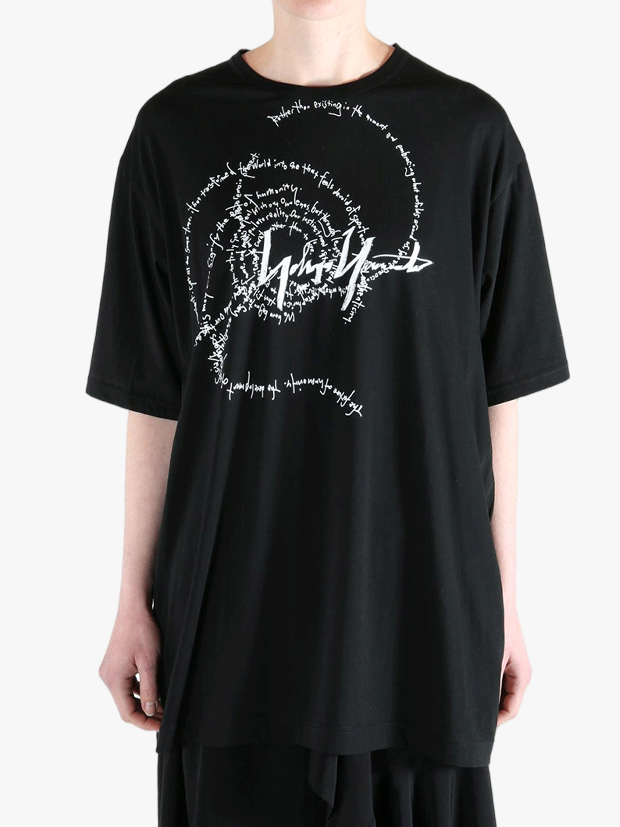 Black t-shirt worn by a person, showing the t-shirt's fit
