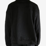 Black sweater worn by a person, showing the sweater's fit