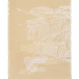 Close up of tan scarf, showing texture of the wool fabric