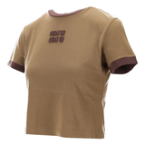 tan t-shirt, side view