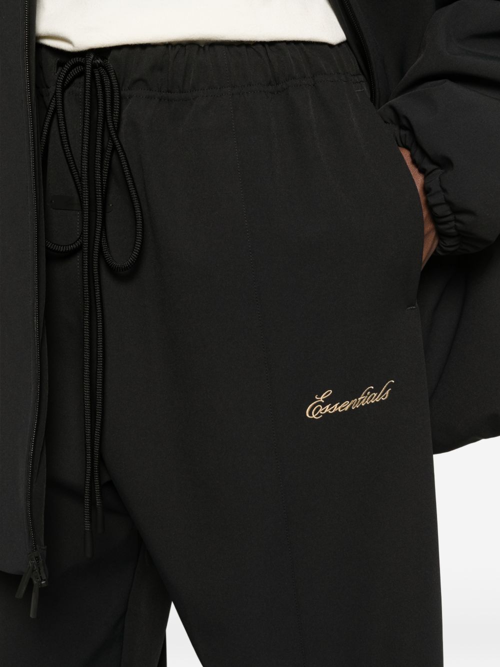 Close up of black pants, showing texture of the cotton fabric
