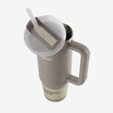 Close up of the grey tumbler, showing texture of the recycled 18/8 stainless steel fabric