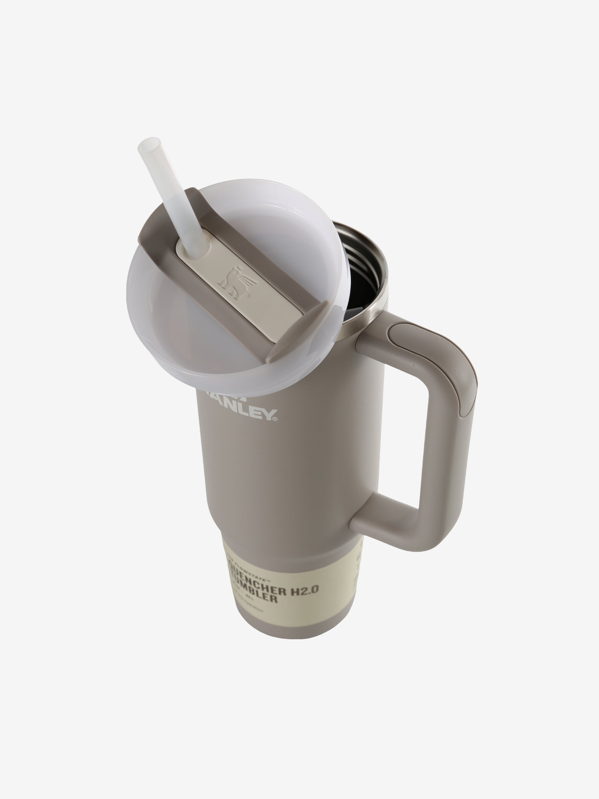 Close up of the grey tumbler, showing texture of the recycled 18/8 stainless steel fabric