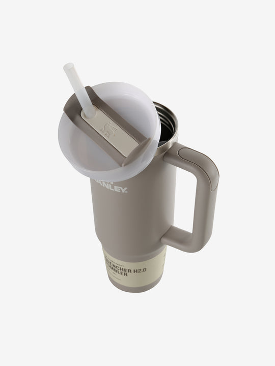 Close up of the grey tumbler, showing texture of the recycled 18/8 stainless steel fabric