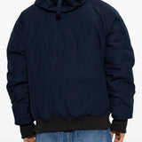 Navy jacket, full body view