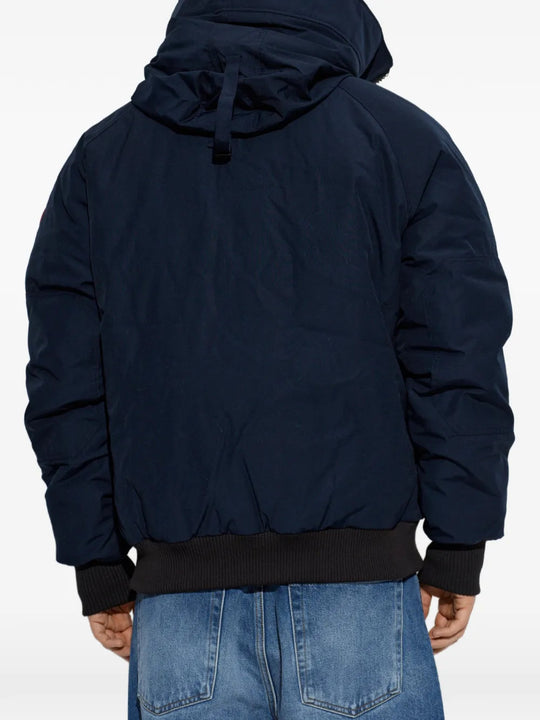 Navy jacket, full body view