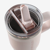 Close up of pink cup, showing texture of the stainless steel fabric