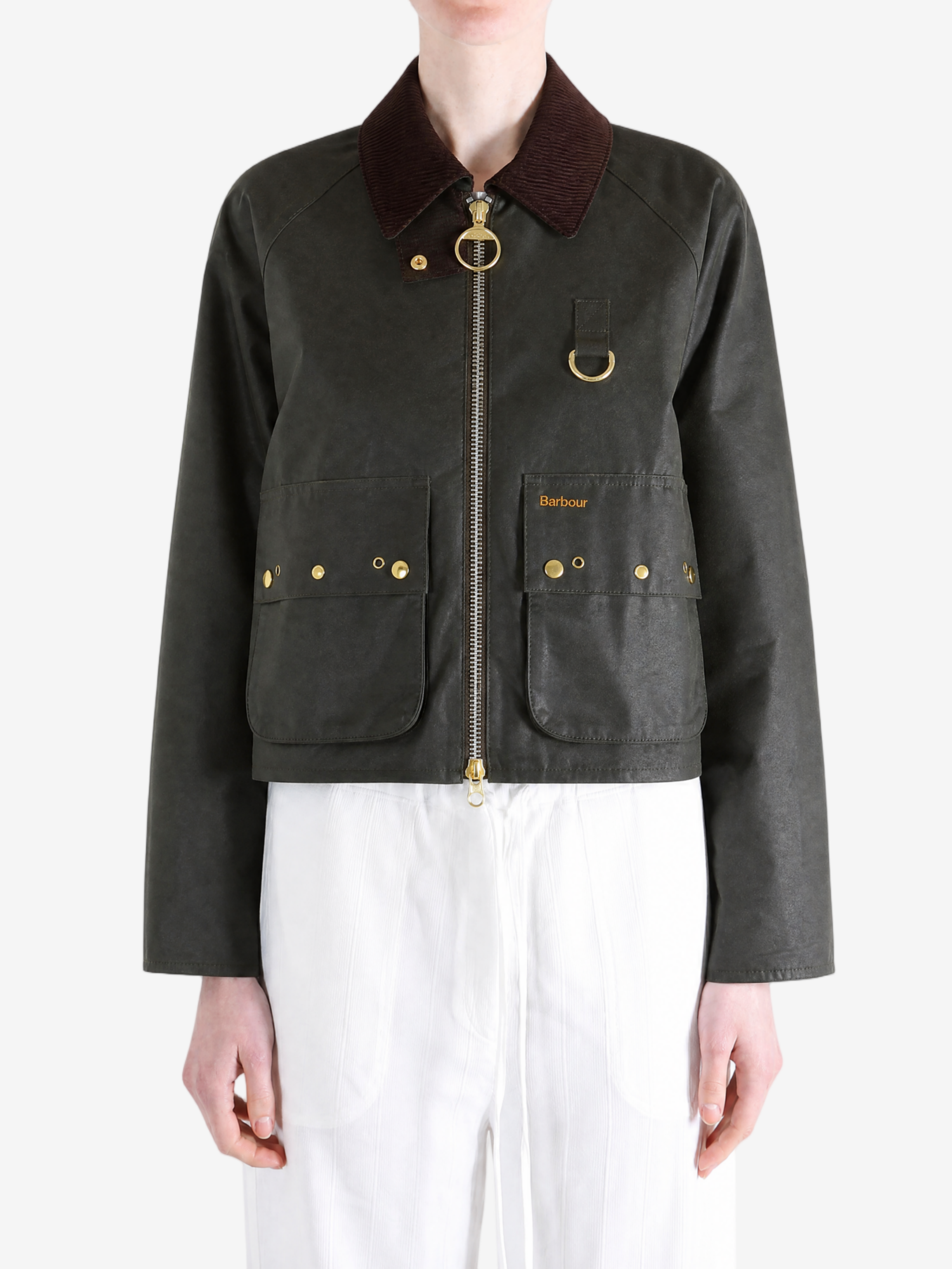 Green jacket worn by a person, showing the jacket fit