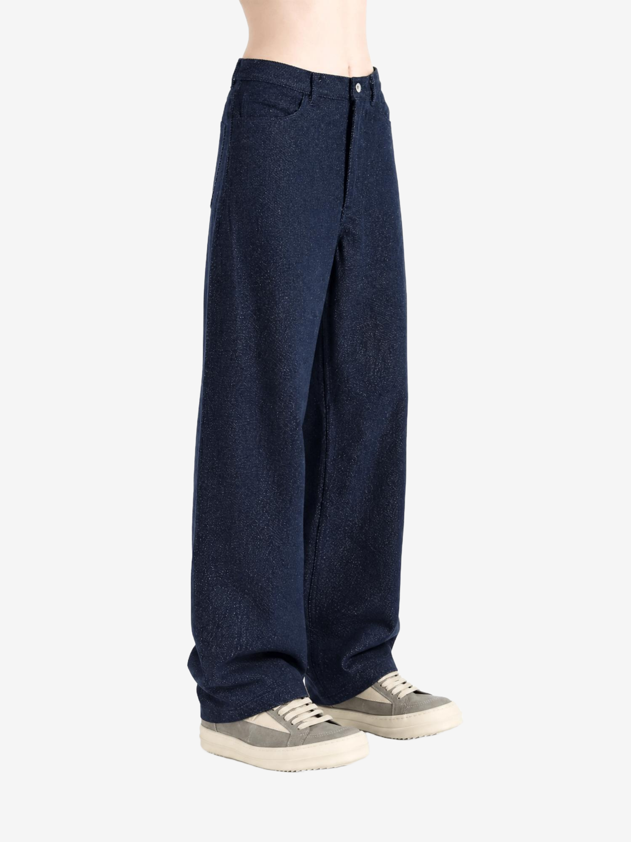 Navy pants, full body view