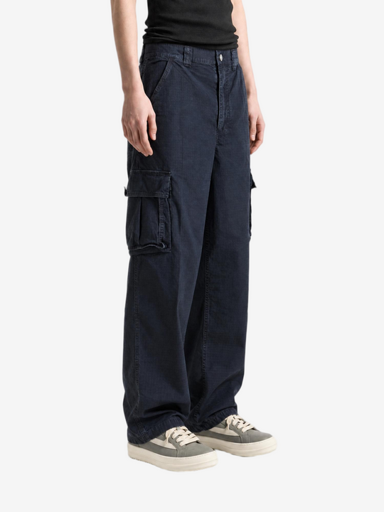Navy pants, full body view