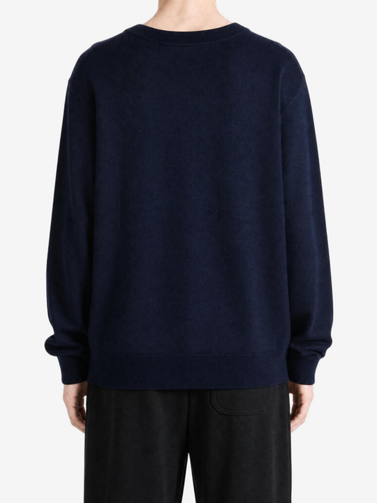 Navy knitwear, full body view