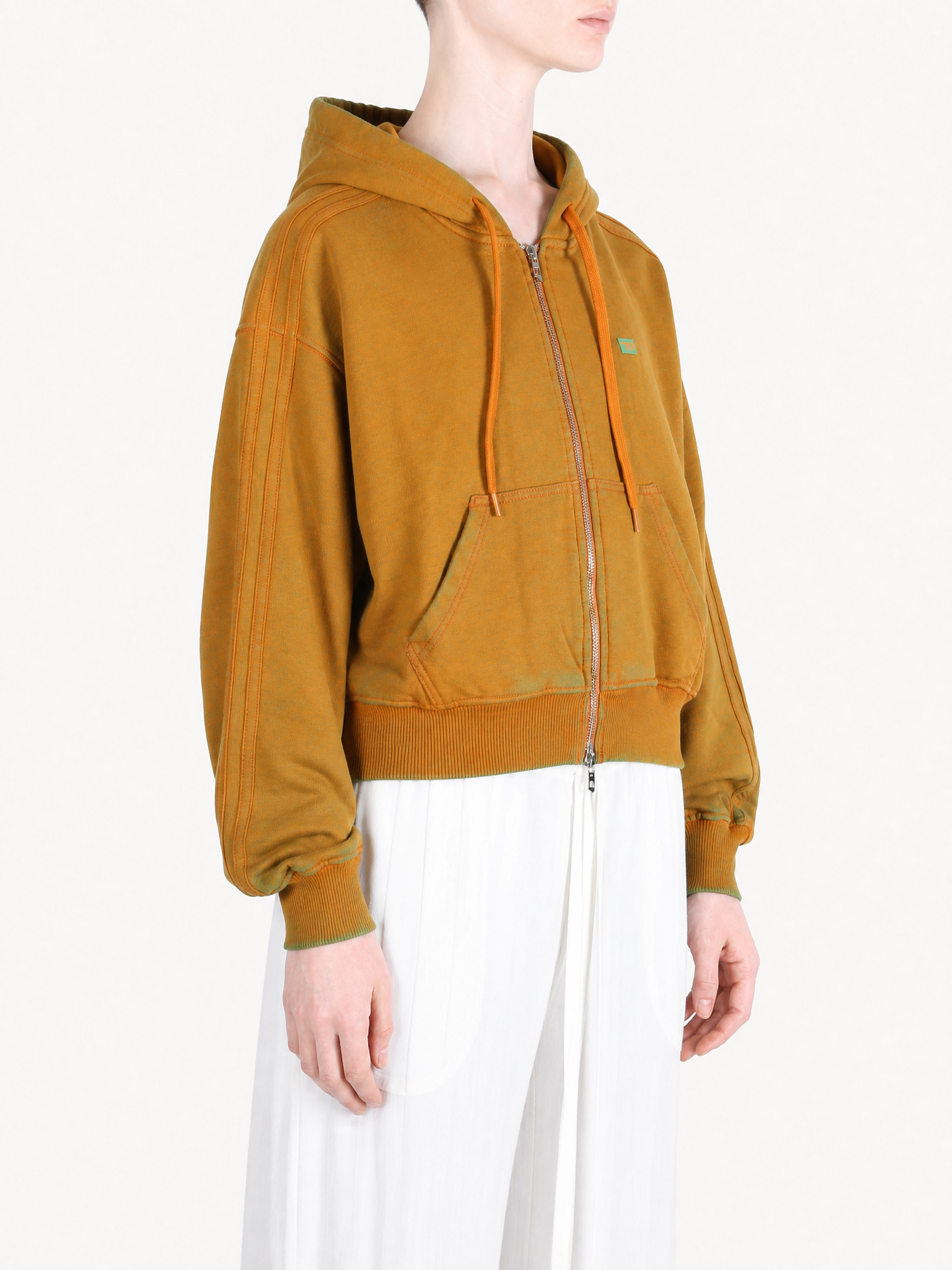Orange hoodie, full body view