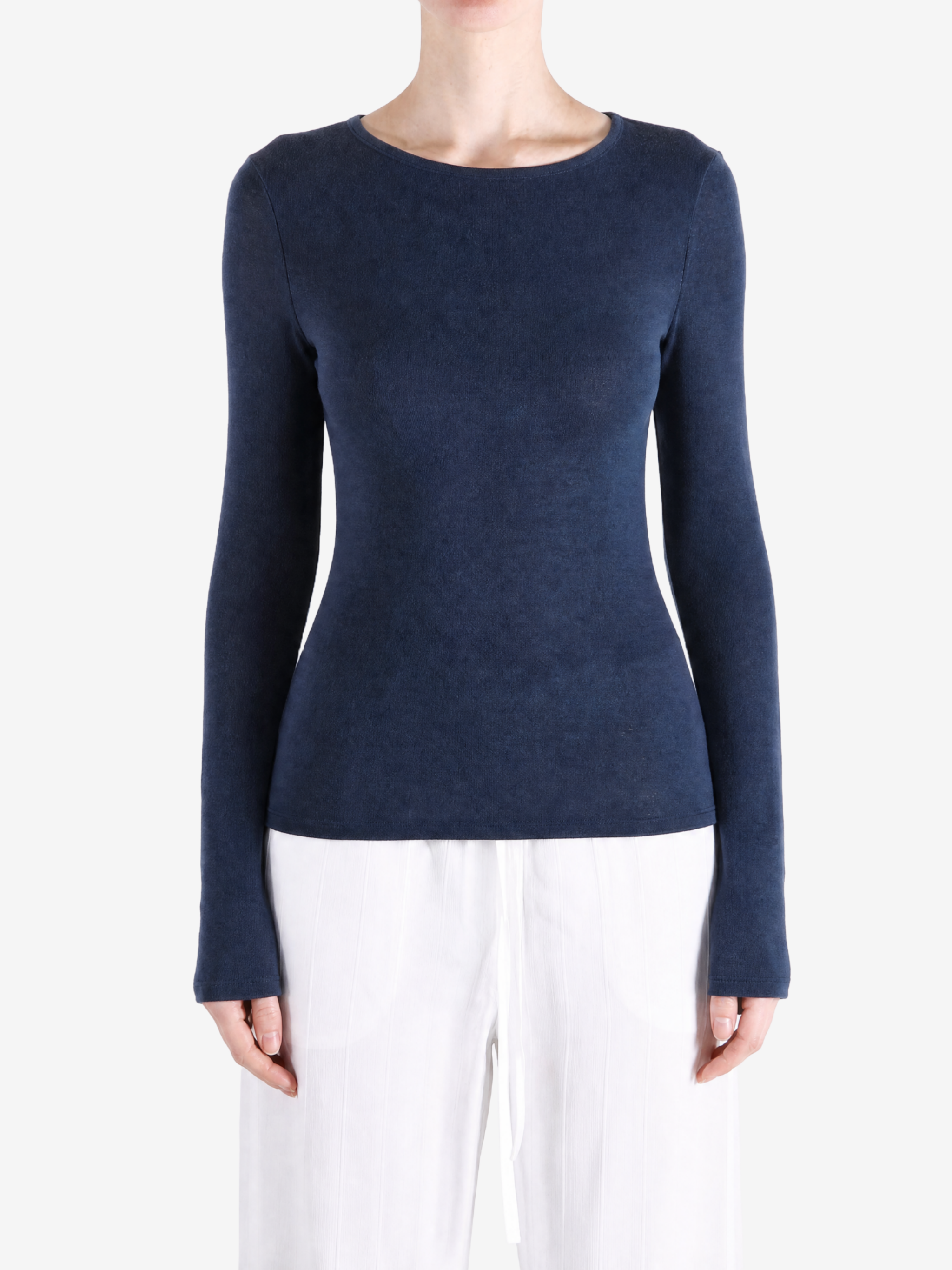 Navy t-shirt, full body view
