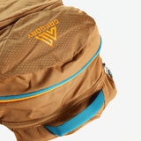 Close up of brown bag, showing texture of the recycled polyester fabric